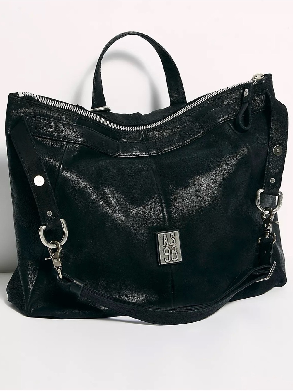 A.S.98 Black Leather Convertible Satchel with Silver Hardware